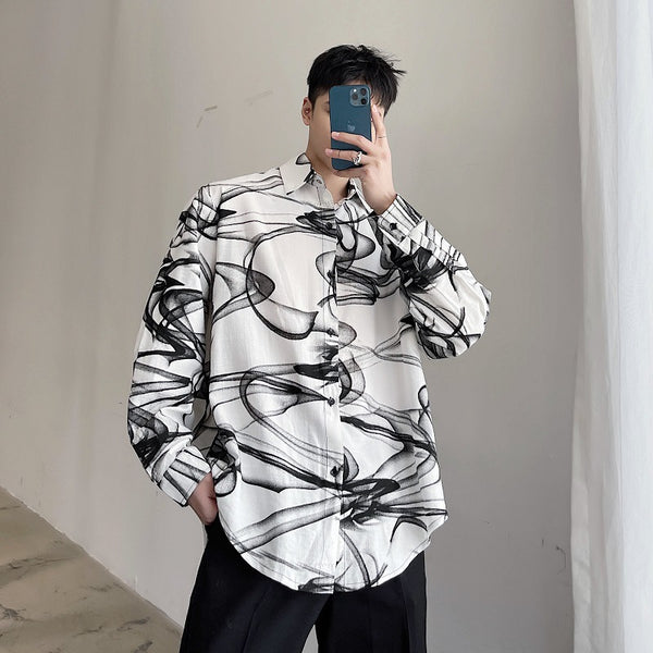Camisa Hombre Estilo Tendencia con Estampado de Tinta en Algodón y Lino