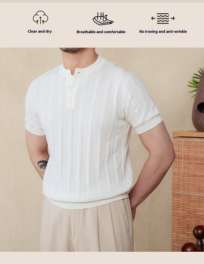 Camiseta Casual de Punto Henry Collar a Rayas - Manga Corta 100% Algodón para Hombre - Image 10