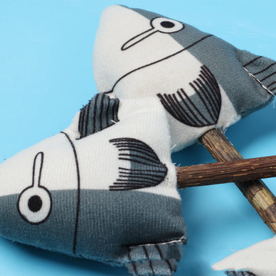 Gray and white plush catnip fish molar rod toy with a brown stick, designed for cats to chew and play. - Image 10
