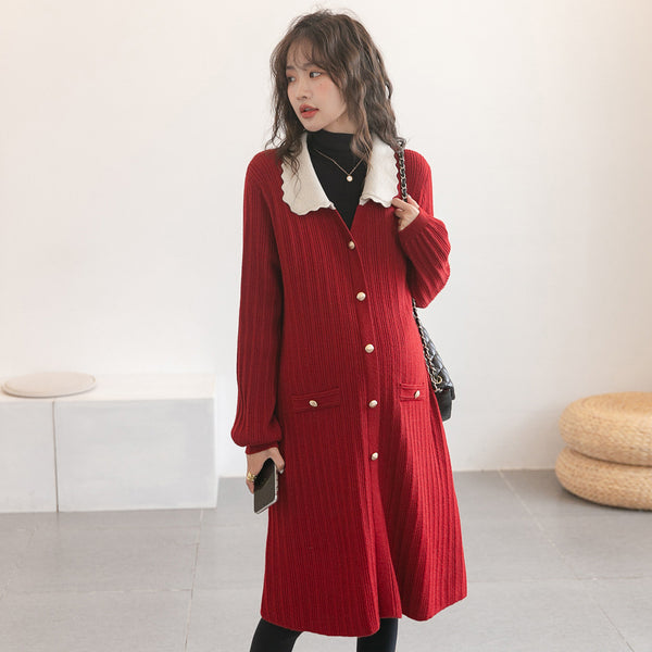 Cardigan Tipo Suéter Estilo Occidental Reductor de Edad con Cuello Solapa y Falda Tejida Elástica Midi
