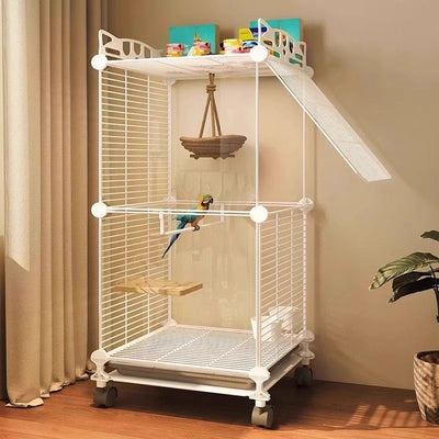 White single-layer bird cage with transparent sides, wire door, perches, bells, and a tunnel, on wheels. - Image 3