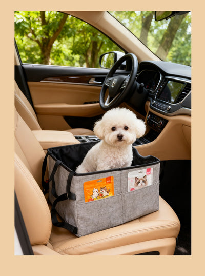Beige pet car seat with a small white dog inside, secured to a car's passenger seat, designed for safe travel. - Image 15