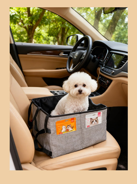 Beige pet car seat with a small white dog inside, secured to a car's passenger seat, designed for safe travel. - Image 15