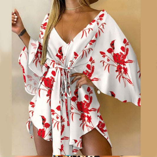 Vestido Elegante Escote V con Mangas Murciélago y Detalle de Cordones