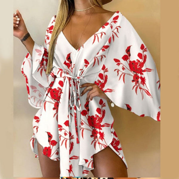 Vestido Elegante Escote V con Mangas Murciélago y Detalle de Cordones