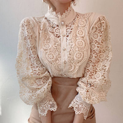 Blusa Elegante de Encaje con Cuello Alzado y Mangas Largas para Mujer - Image 4