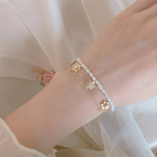 Pulsera Floral de Perlas Naturales Doble Capa Estilo Retro Francés Hyuna