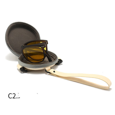 Light brown foldable women's sunglasses with round frames and brown polarized lenses on a white background. - Image 11