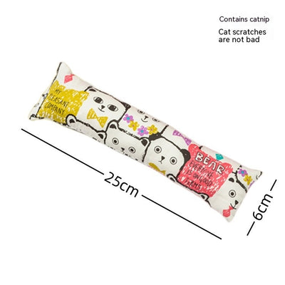 Dark blue catnip pillow toy with white cat, fish, and paw print patterns, measuring 25cm long. - Image 8