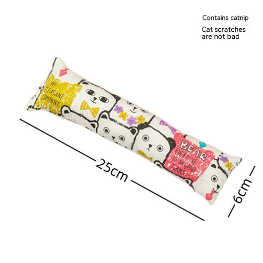 Dark blue catnip pillow toy with white cat, fish, and paw print patterns, measuring 25cm long. - Image 8