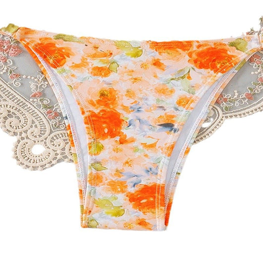 Orange floral print bandeau bikini with pom-pom trim and high-cut thong bottom with side rings. - Image 16