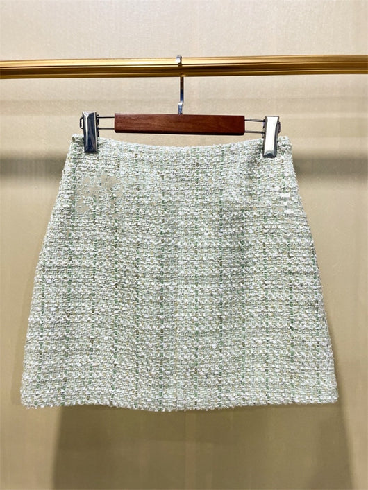 Falda A-line de Algodón Tweed Verde Claro con Bolsillos - Image 4