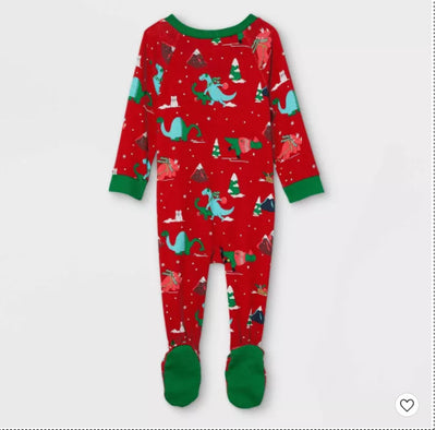 Red long-sleeved men's pajama set with a festive dinosaur and Christmas tree print, featuring green cuffs. - Image 18