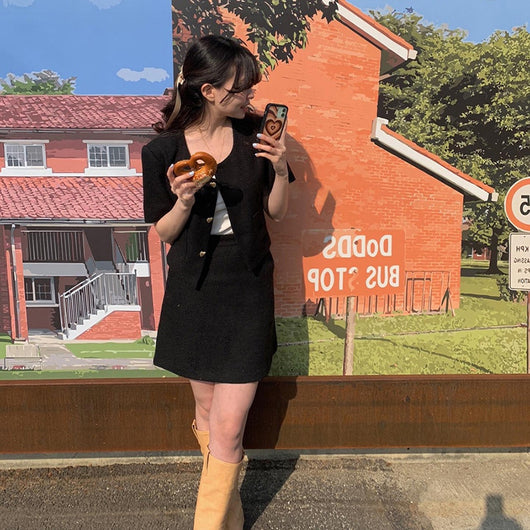 Traje Falda Tweed Elegante Botón Corazón Manga Corta Línea A - Image 6