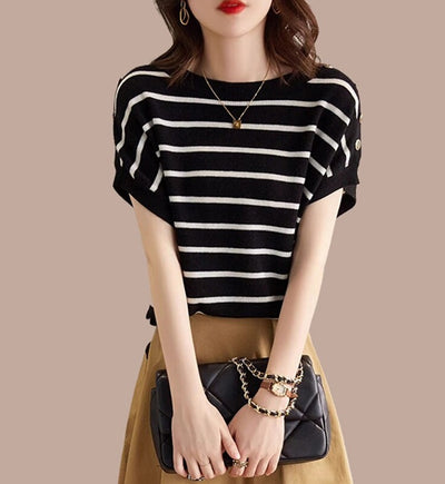 Blusa Rayada Ice Silk Manga Corta Ajustada y Cubriente - Image 9