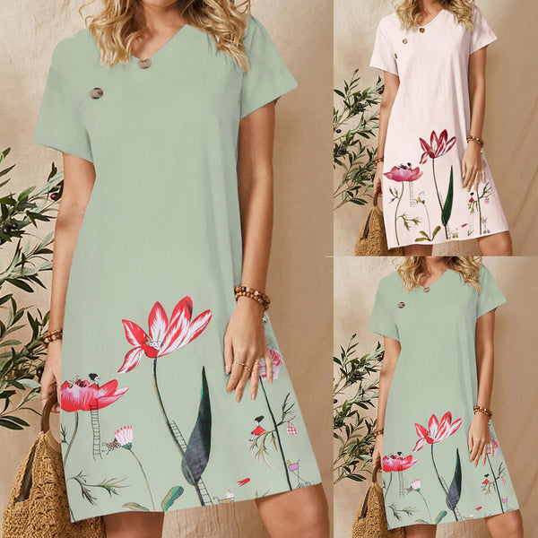 Vestido de Manga Corta con Botones, Cuello en V y Estampado Floral
