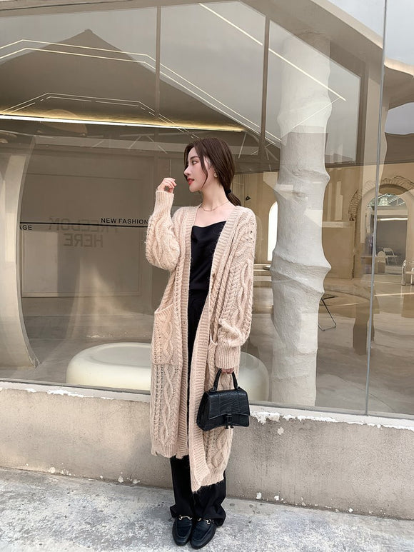 Cardigan Tejido Mohair Retro Holgado Mujer - Abrigo Lana Medio Largo