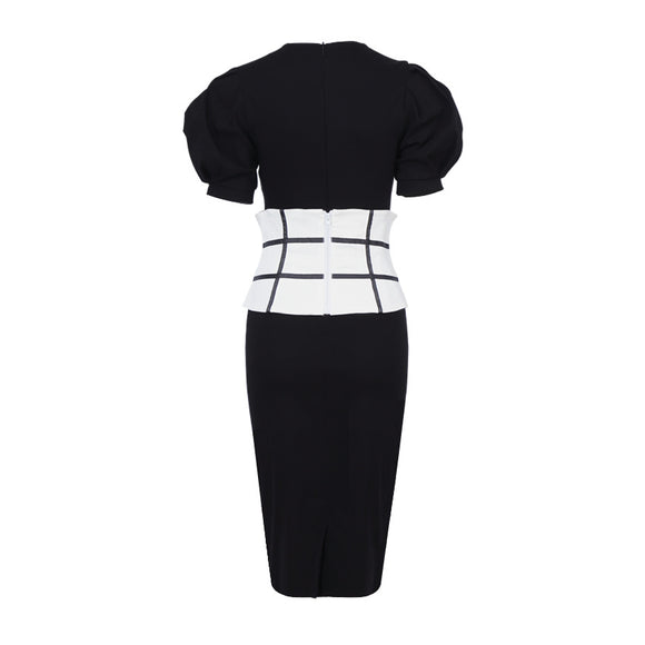 Vestido Ajustado de Cintura Alta con Mangas Abullonadas para Mujer
