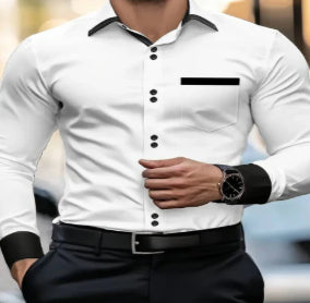 Camisa Casual de Manga Larga con Bolsillo y Color Liso para Hombre - Image 4