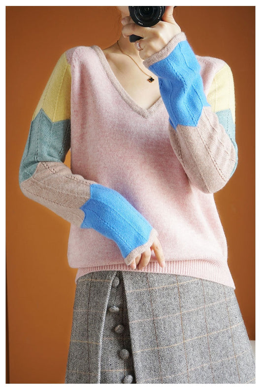 Suéter de Lana con Contraste de Colores para Mujer - Cuello V Térmico - Image 10