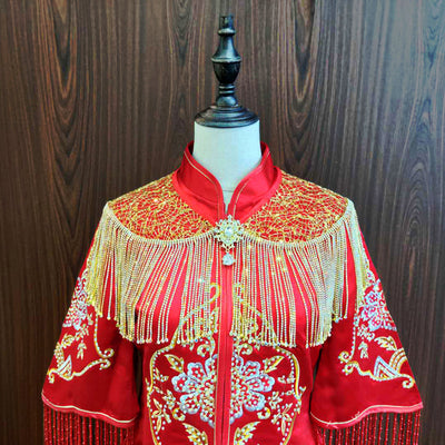 Chal Nupcial Rojo Dorado con Encaje y Borlas - Vestido Tradicional de Boda - Image 3