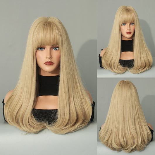 Peluca Rizada Larga con Flequillo Estilo Europeo Tono Platinado Corte Pera - Image 10