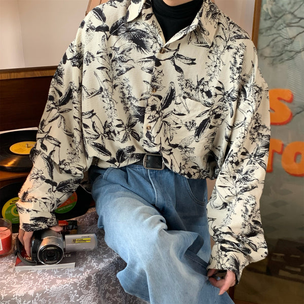 Camisa Vintage Estampada de Manga Larga Otoño