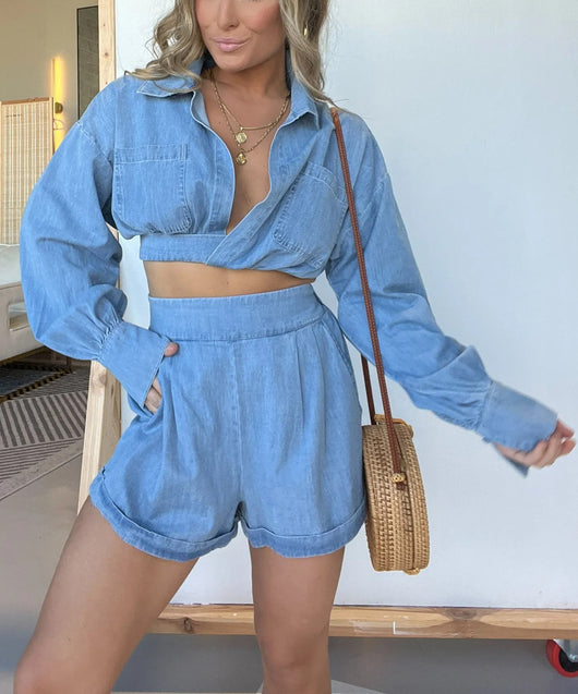 Camisa Denim Mujer Escote en V Manga Larga Premium - Image 9