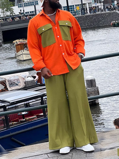 Conjunto Bicolor Naranja y Verde Oliva: Camisa Bloqueada con Pantalón de Pierna Ancha - Image 3