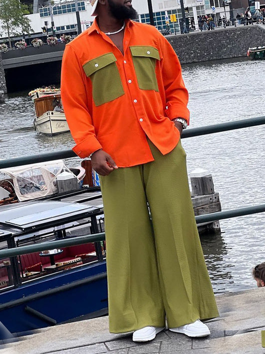 Conjunto Bicolor Naranja y Verde Oliva: Camisa Bloqueada con Pantalón de Pierna Ancha - Image 3