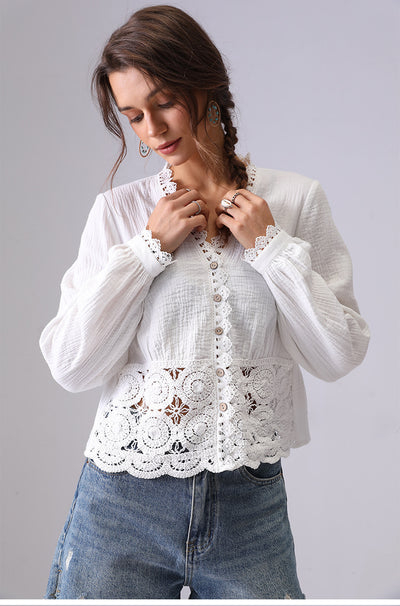 Blusa Suelta de Encaje Hueco Francés para Mujer - Image 16