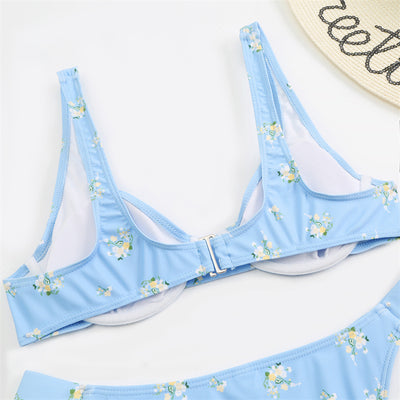 Light blue floral bikini with pink and yellow flowers, featuring an underwire top and high-cut bottom. - Image 13