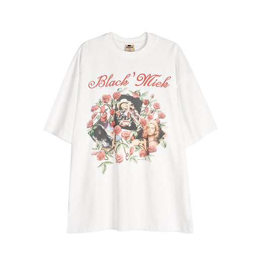 Camiseta Hip Hop Retro Americana con Bordado de Rosa