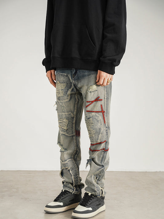 Jeans Rectos Rojo con Parches - Estilo Urbano Moderno - Image 2