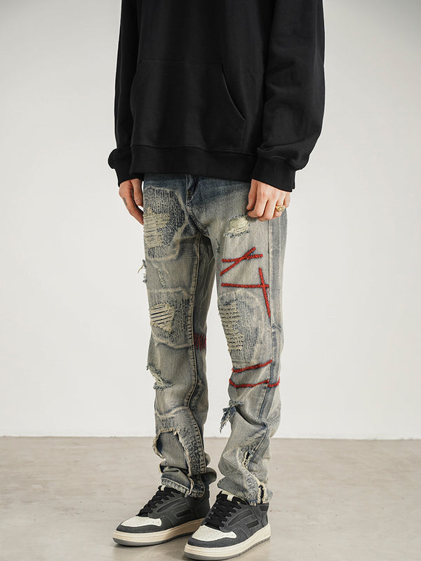Jeans Rectos Rojo con Parches - Estilo Urbano Moderno