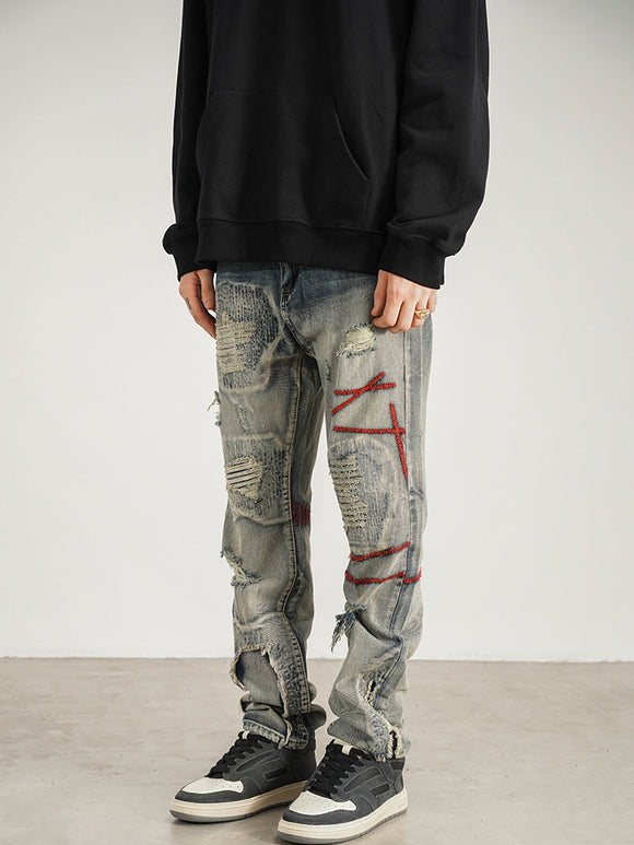 Jeans Rectos Rojo con Parches - Estilo Urbano Moderno