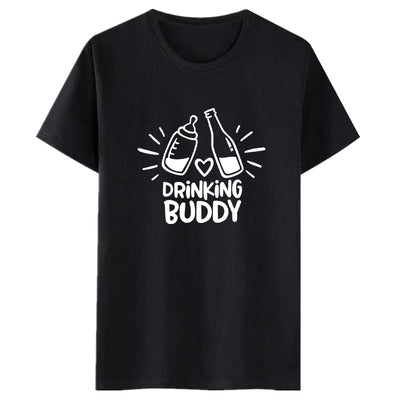 White short-sleeve t-shirt with a black graphic of a baby bottle and a beverage bottle clinking, and "DRINKING BUDDY" text. - Image 5