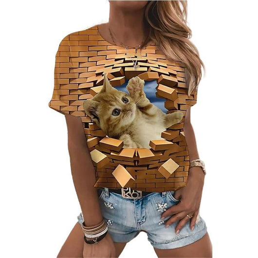 Playera 3D Gatos Animales - Diseño Digital Pareja Unisex Cuello Redondo Manga Corta
