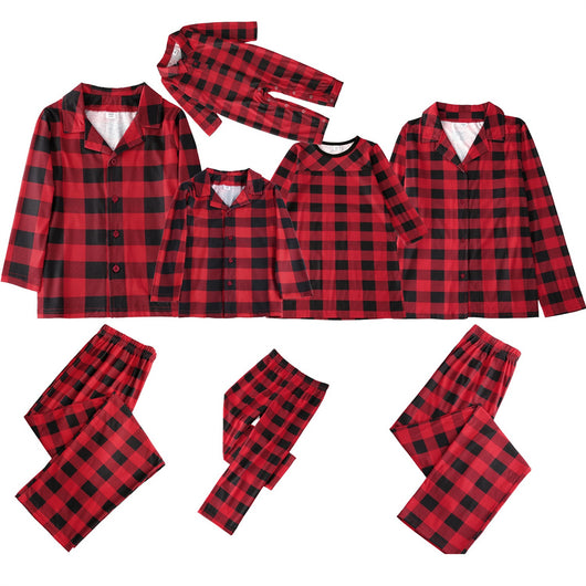 Red and black buffalo plaid family pajama sets, including adult tops and bottoms, kids' pajamas, and a baby romper. - Image 3