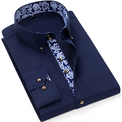 Camisa Business Casual de Manga Larga con Cuello Porcelana Azul y Blanco para Hombre - Image 8
