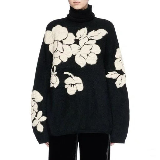 Suéter Retro de Punto Holgado con Cuello Alto y Flores Tridimensionales - Image 2