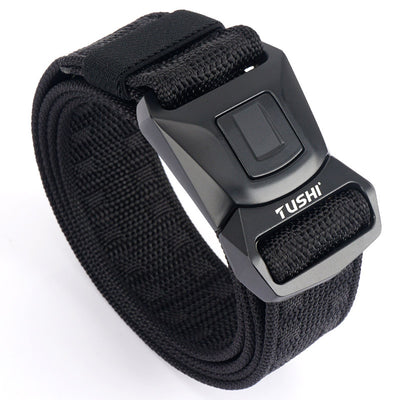 Men's tan tactical belt with a black quick-release buckle, coiled on a white background. - Image 4