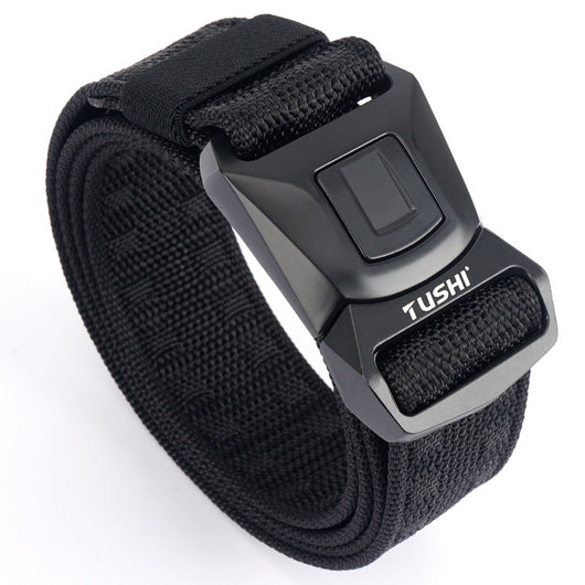 Men's tan tactical belt with a black quick-release buckle, coiled on a white background. - Image 4