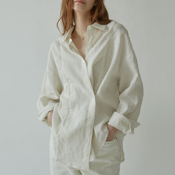 Blusa Lino Bordado Hueco Francés Suelta Manga Larga