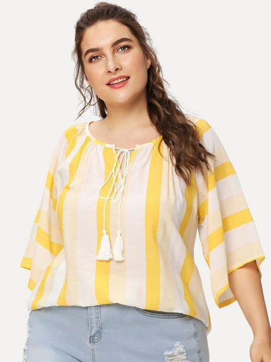 Blusa Rayada Suelta con Manga Corta y Detalle de Flecos - Image 7