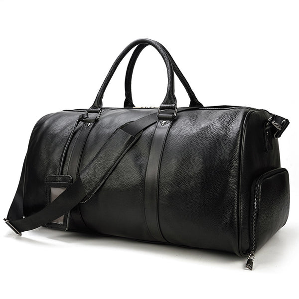 Bolsa de Viaje y Gimnasio en Cuero Genuino Negro para Hombre
