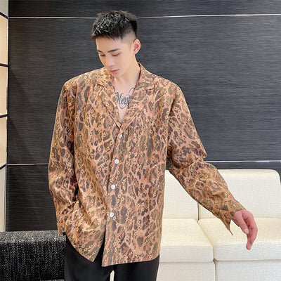 Camisa Elegante Cuello Solapa con Encaje y Estampado Leopardo para Hombre - Image 8