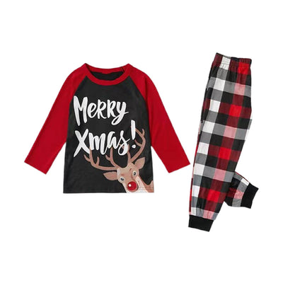 Black and red long-sleeve Christmas top with reindeer and "Merry Xmas!" text, paired with red, black, and white plaid pants. - Image 9