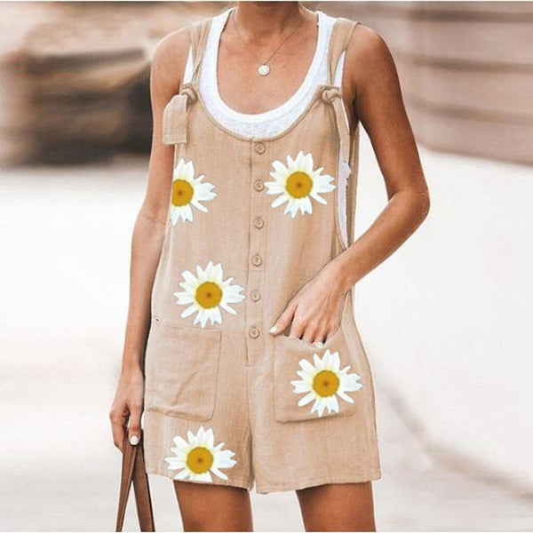 Pantalón Suspender de Lino y Algodón con Estampado Margarita y Bolsillos