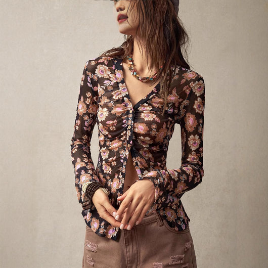 Blusa Estampada Slim Fit Retro para Mujer - Diseño Europeo Elegante - Image 3